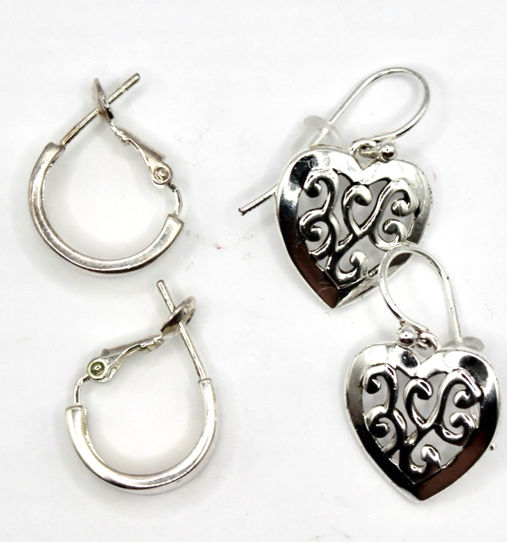 Sterling Silver lot of 2 sets pierced earrings. Heart and hoops